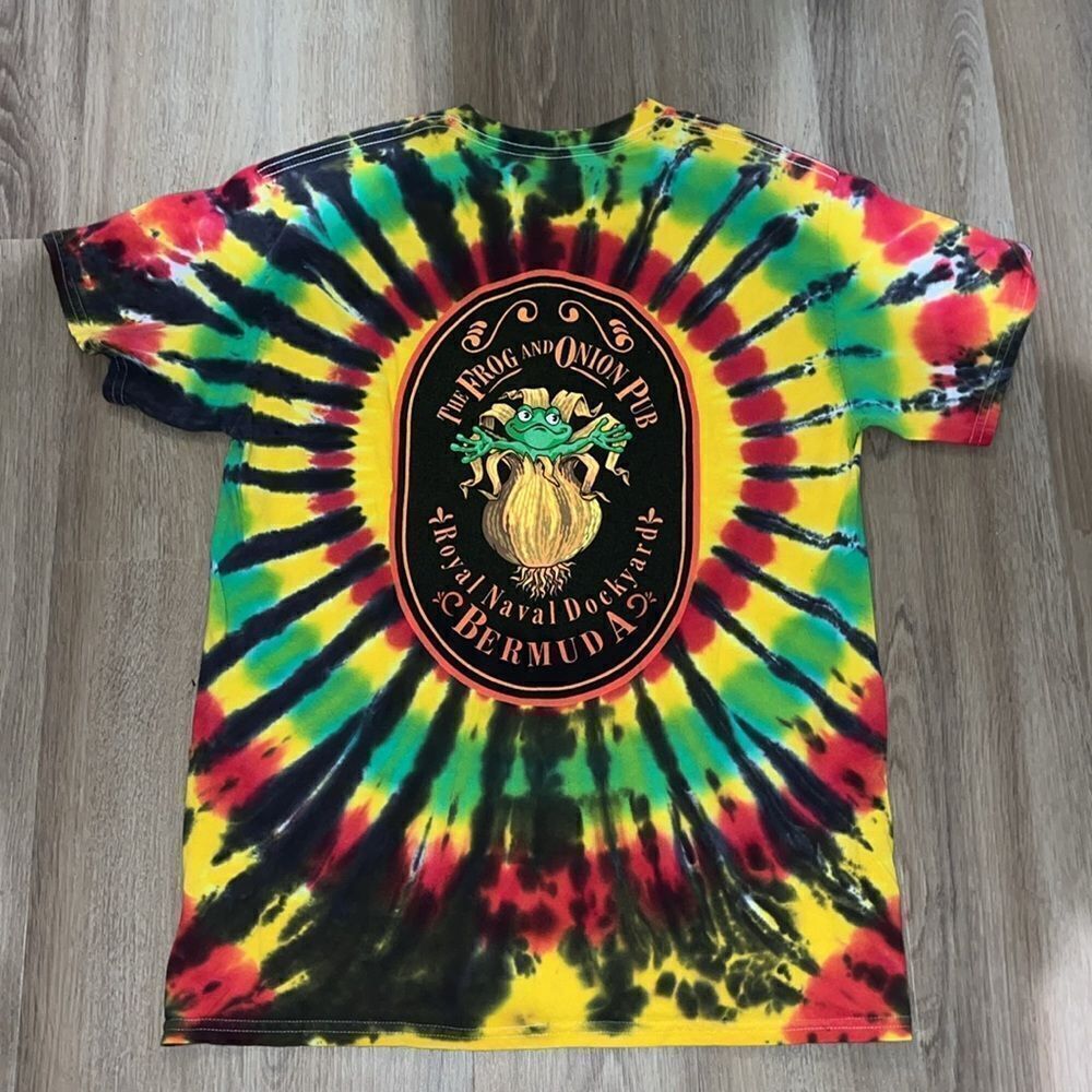 Bob Marley tie dye colors Rastafarian Frog & Onion pub bar Bermuda T shirt S